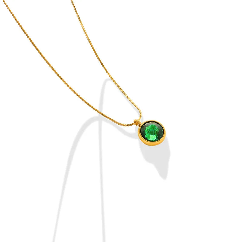 French Vintage Zircon Inlaid Cubic Zircon Round Pendant Dainty Thin Chain Necklace Stainless Steel Jewelry Gift