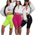 2026 New Summer Women Clothing Custom LOGO Shorts Set Long Sleeve Crop Top Sweatshirt and High Waist Tight Shorts Jogger Set