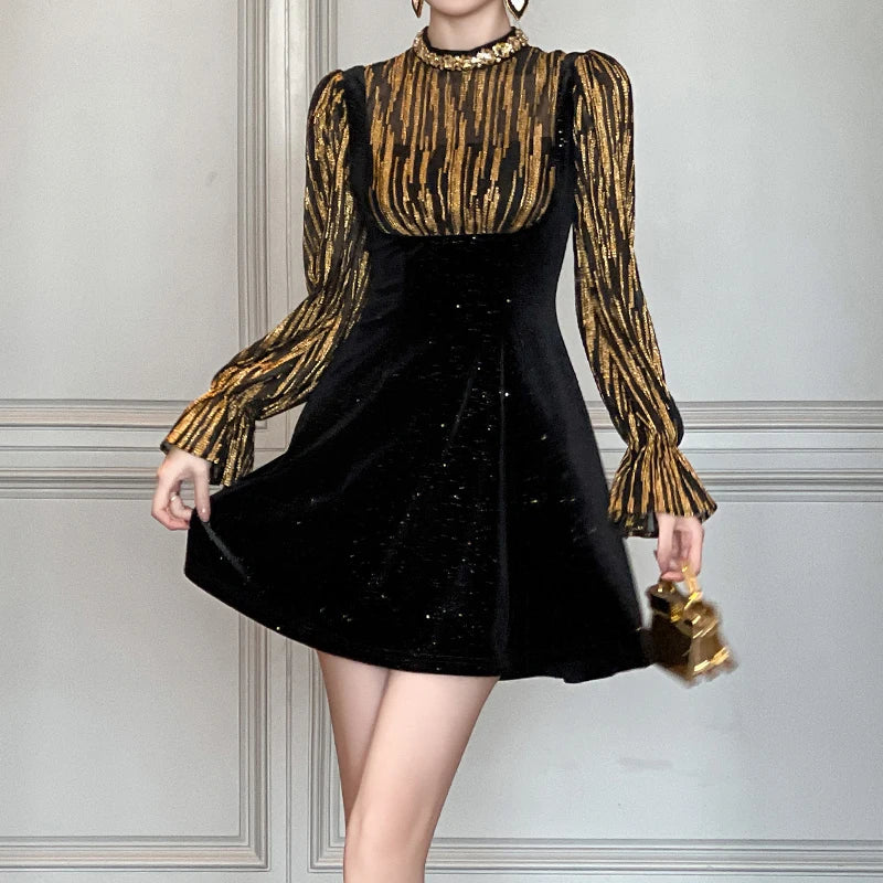 ZYHT 21560 Custom Black Velvet Casual Party Long Sleeve Fashion Women Crystal a Line Short Dress for Ladies