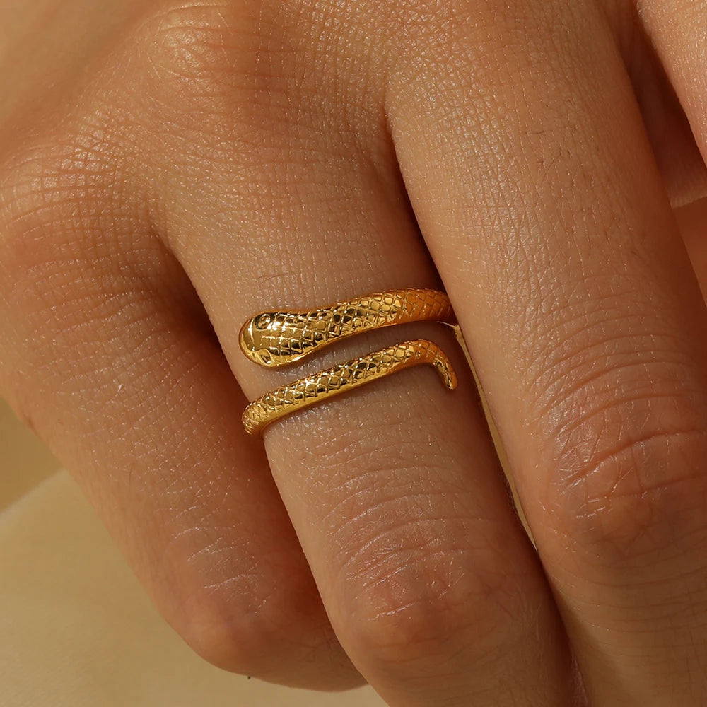 Classic INS Design Stainless Steel 18K Gold Plated Single Spiral Snake Open Rings for Women Adjustable