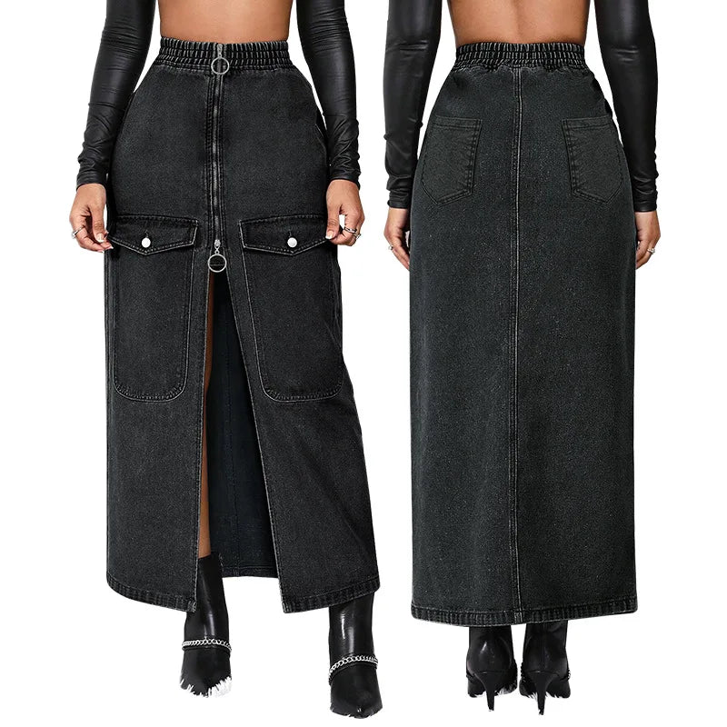 Y218631 Latest Design Plus Size Women Jean Skirt Elastic Fit Zipper Pocket Long Maxi Skirts Women Denim Skirt for Women