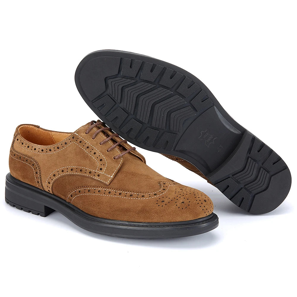 New Fashion Top Grade Cowhide Derby Shoes Brogue Style Suede Dress Shoes Business Office Durable Brown Formal Shoes