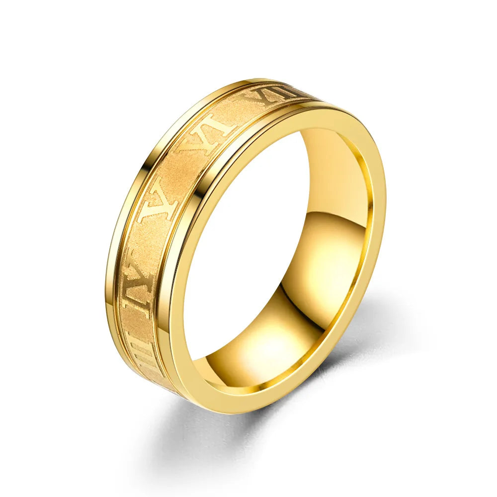 Wholesale Roman Numerals Rings 18k Gold Plated Stainless Steel Jewelry 6MM Hiphop Roman Numeral Ring for Men