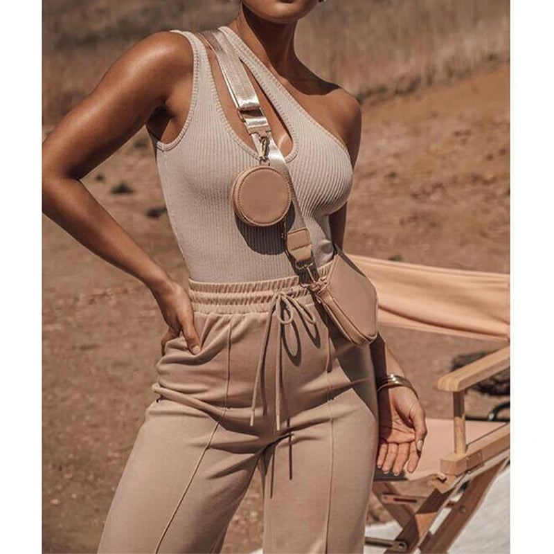 Fashion One Shoulder Ribbed Custom logo Cotton Tank Top Solid Color Bodycon Rib Knitted Bodysuit