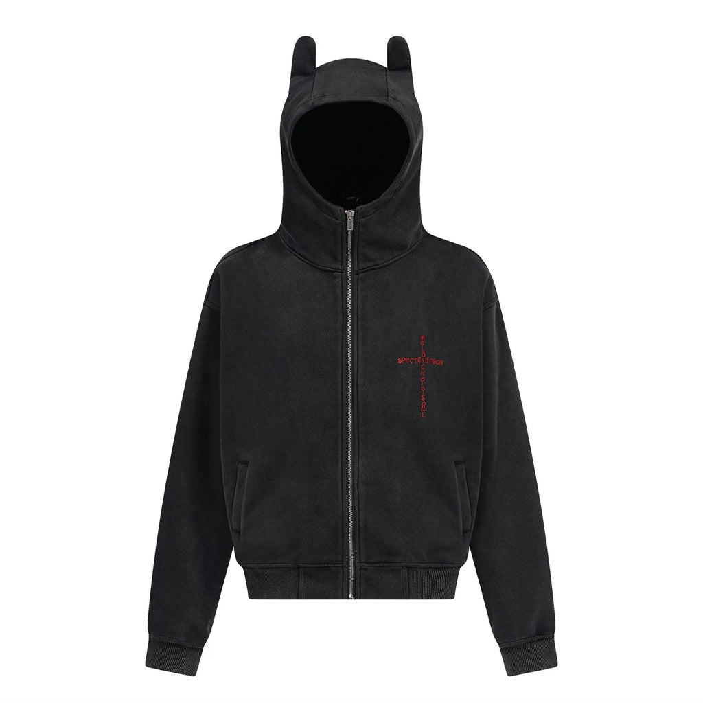 Retro 450g Knitted Cardigan Sweater Casual Solid Distressed Cross Embroidery Hooded Zippered Loose Jacket Hoodie Digital Printing