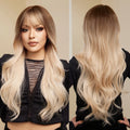 Long Curly Hair Big Wave Ladies Wig Brown Gradient Blonde With Bangs Artificial Hair Rose Net Matte Synthetic Fiber Wig