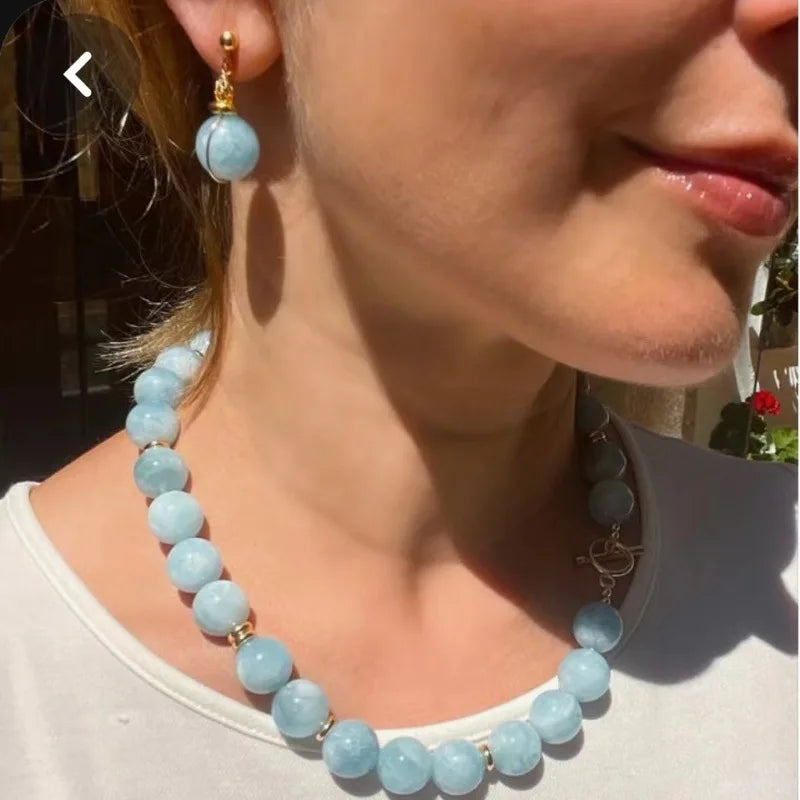Natural Blue Amazonite Beaded Necklace Choker for Women 14K Gold Plated OT Clasp Healing Crystal Stone Necklace Wholesale