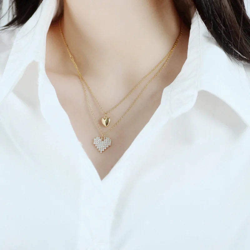 European Couple Jeaelry Rose Gold Plated Zircon Heart Necklace Double Layered Cz Love Heart Pendant Necklace
