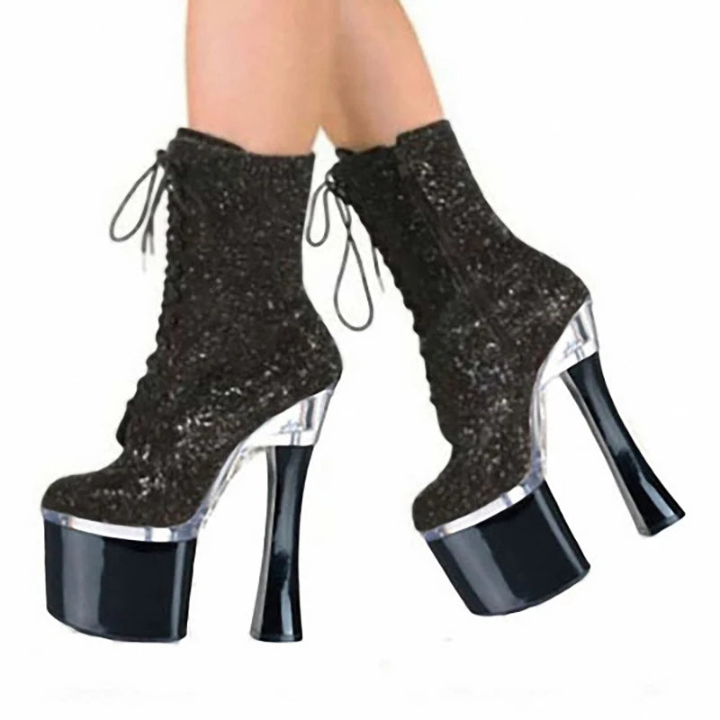 Exotic Dancer Boots Gothic18cm Women Coarse Heel Ankle Boots High Heel Shoes Winter Fashion Lace-up Platform Nightclub  Big Size