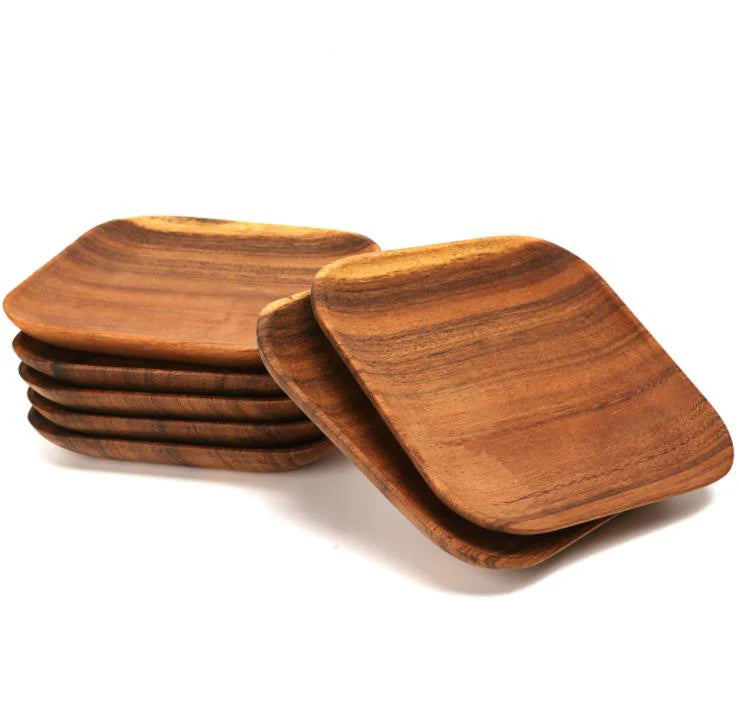 Handmade 6 Inch Japanese Acacia Wood Dinnerware Hotel Steak Cheese Sushi Square Serving Plate Set Laser Logo for Home Service MegaBDM