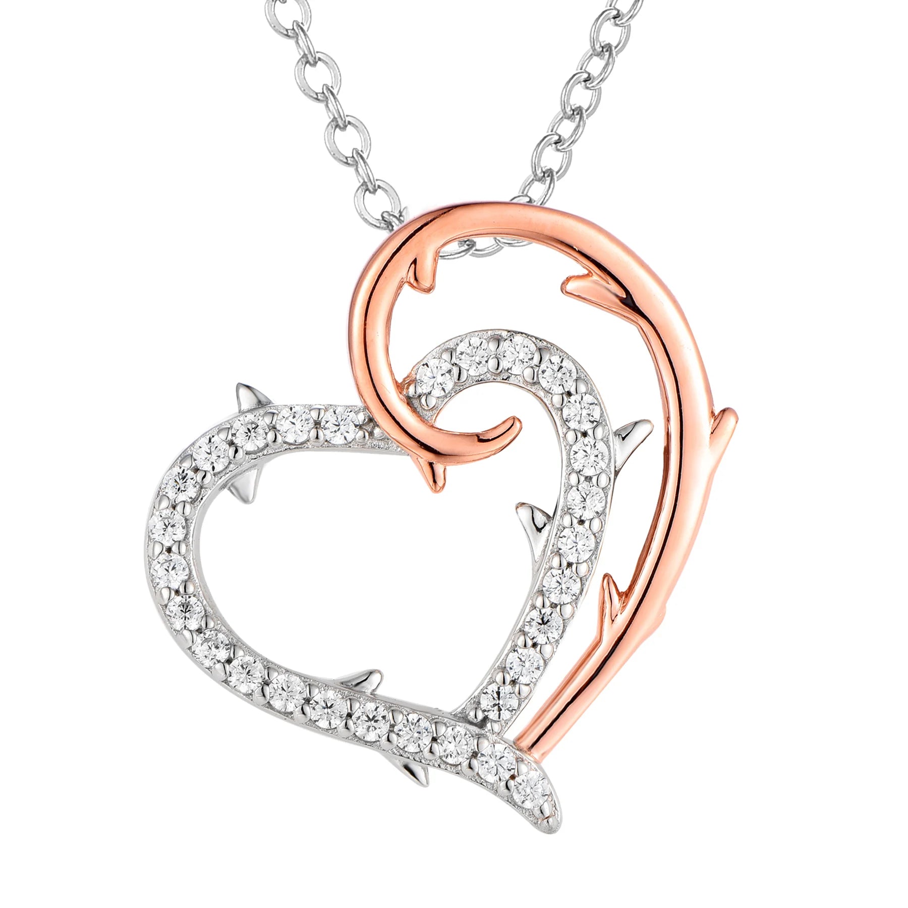 LULUFOCUS 925 Sterling Silver Two Heart Pendant Necklace Rose Gold White Rhodium Plated with Zircon Classic Wedding Style