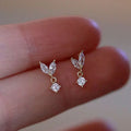 Fashion 925 Sterling Silver Dainty Claw Setting Zircon Double Leaf and Round Pendant Earrings for Women