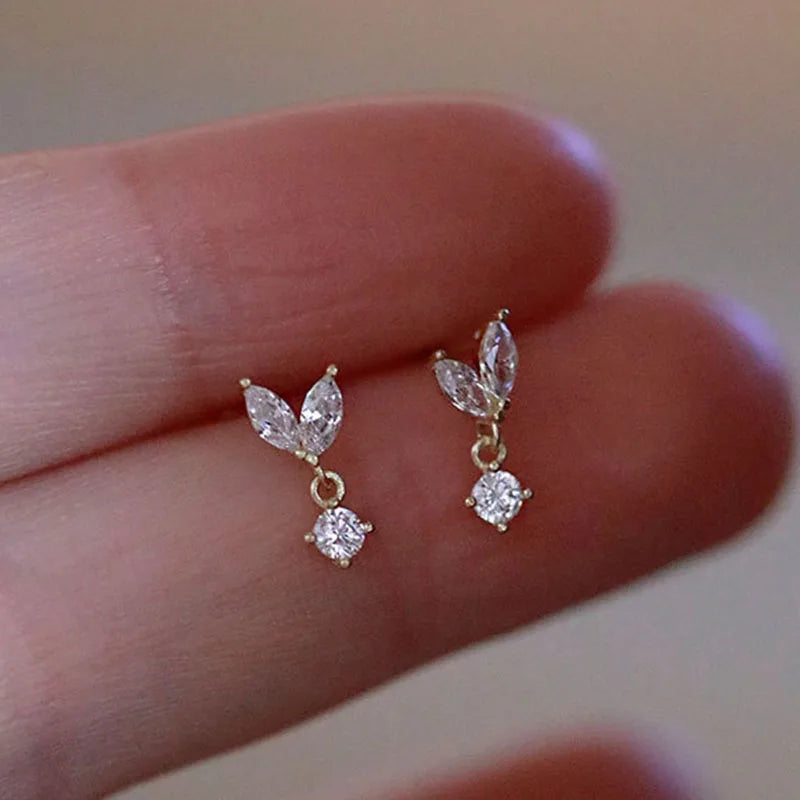 Fashion 925 Sterling Silver Dainty Claw Setting Zircon Double Leaf and Round Pendant Earrings for Women