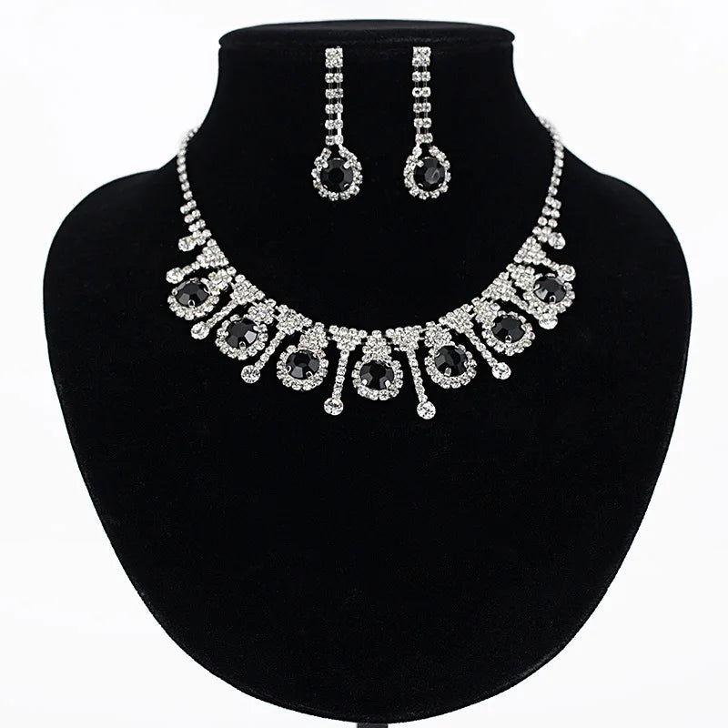 BOXUAN Vintage Silver Black Woman Jewelry Sets Plating Statement Necklace Diamond Collar Stones for Wedding Packaged 1 Card +