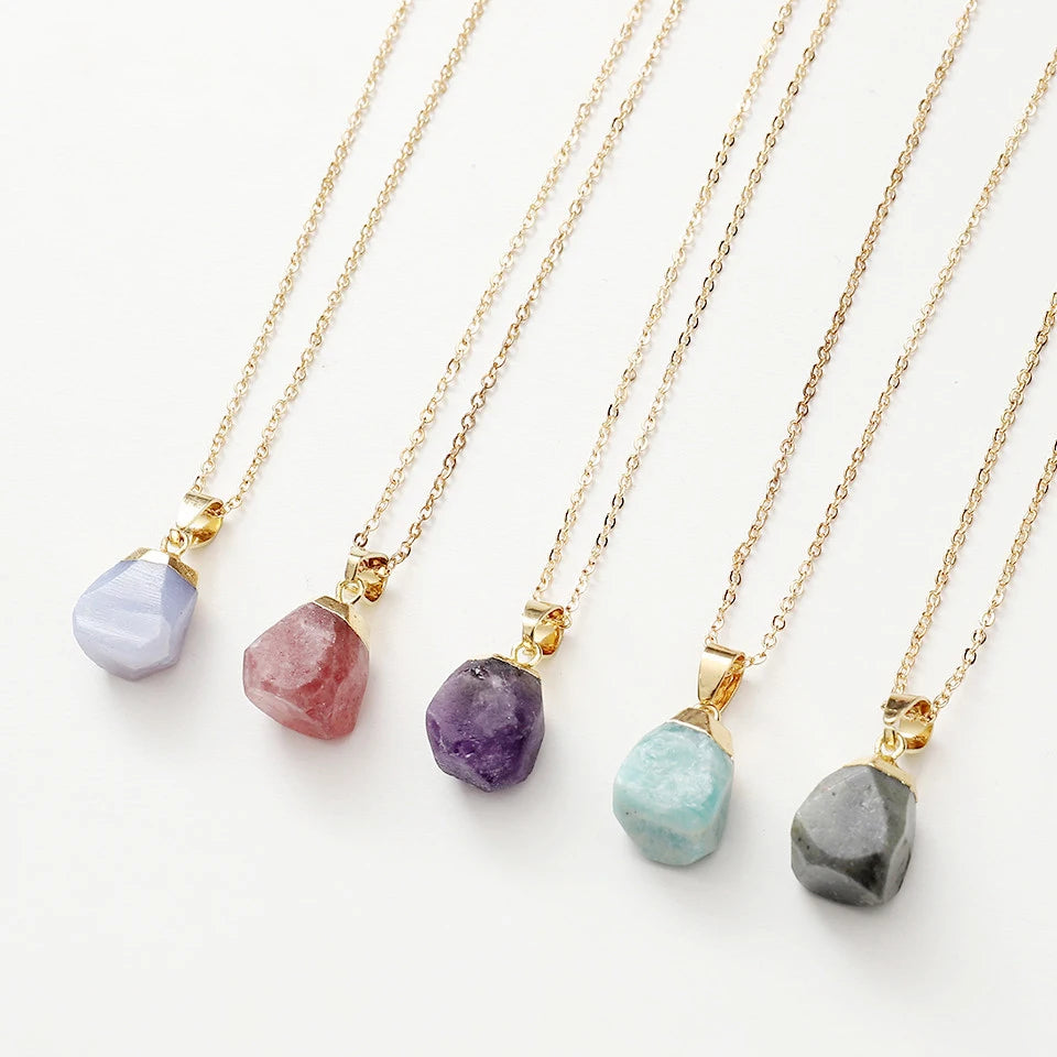 Natural Rose Quartz Crystal Faceted Gemstone Pendant Charm Necklace 18k Gold Plated Lucky Birth Stone Necklace
