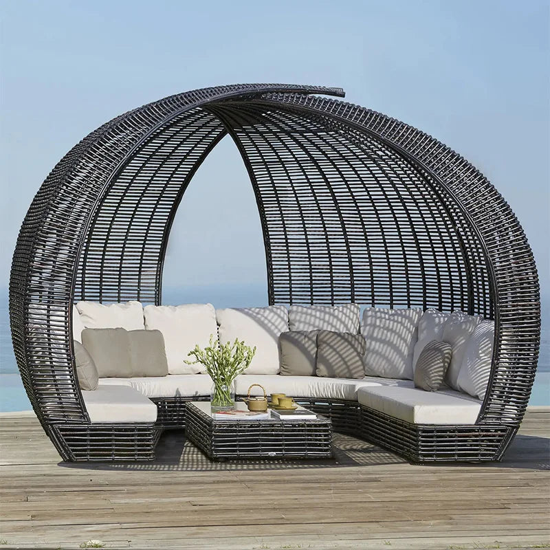2023 China Manufacturer Outdoor Daybed with Canopy Water-proof Fabric PE Rattan Woven Sunbed Covered Day Bed for Hotel Villa