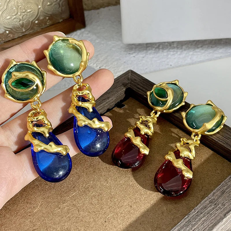 Exaggerated Resin Drop Glass Gold Plated Sapphire Earrings Women Baroque Pearl Earrings Vintage Jewelry