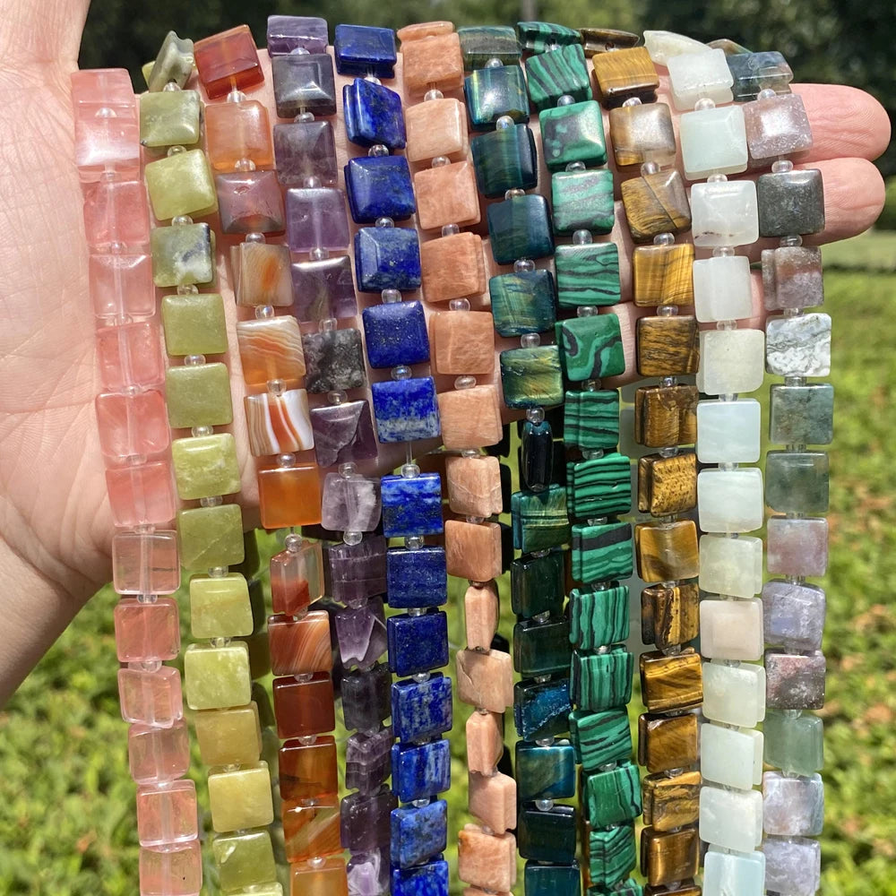 AsVrai U 10mm Natural Stone Beads Tiger Eye Lapis Lazul Square Spacer Loose Beads for Jewelry Making DIY Bracelet Necklace