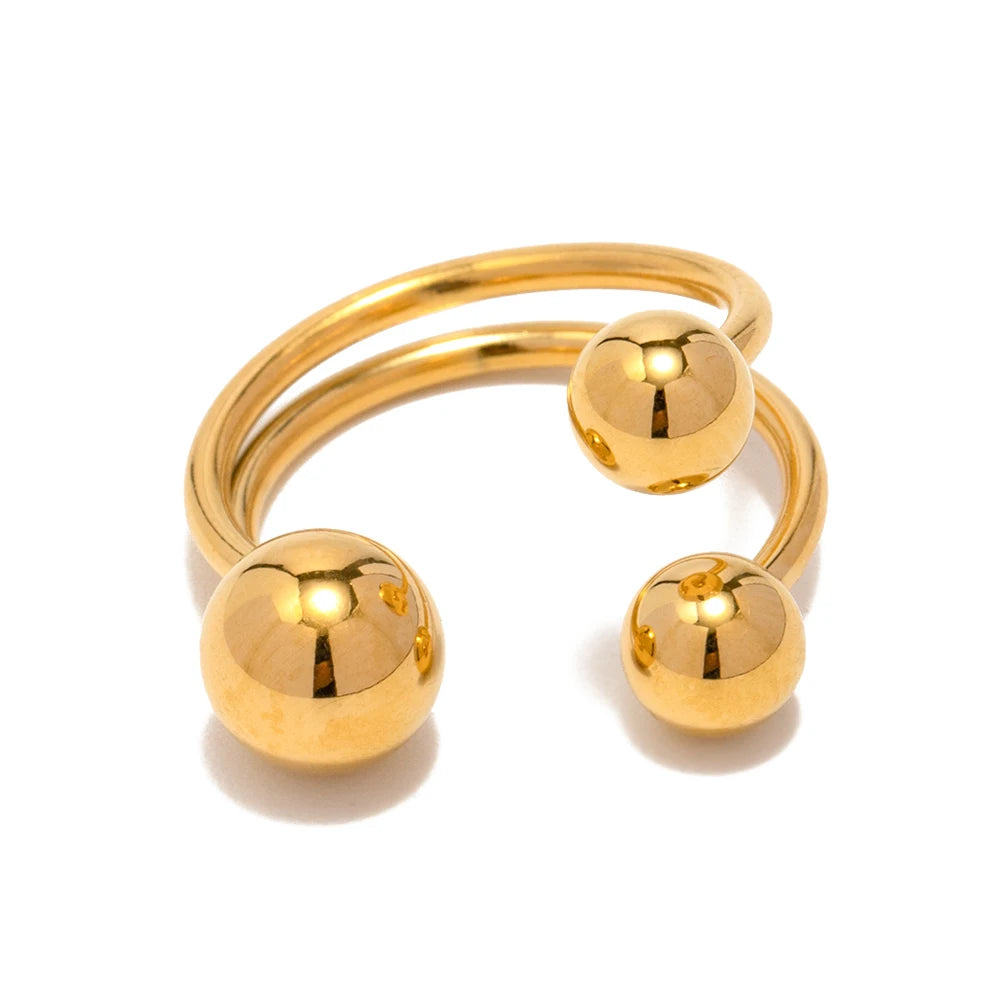 Minimalist 18K Gold Plated Statement Bead Ring Stainless Steel Three Double Layer Ball Open Ring