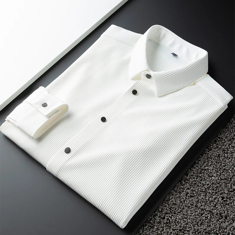 Light Luxury Autumn Thin Non-ironing Anti-wrinkle Business Casual White Shirt Mens Long Sleeve Slim Vertical Striped Shirtc