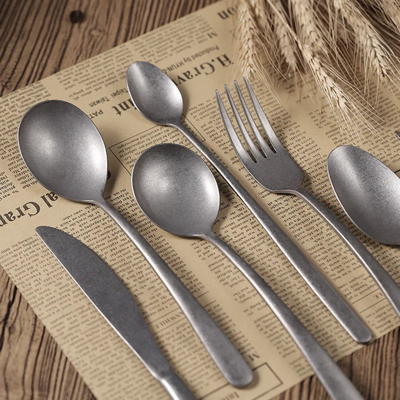 Vintage Steak Knife Fork and Spoon Set Make Old Chopsticks 304 Stainless Steel Dessert Spoon Nostalgic Snow Sand Tableware