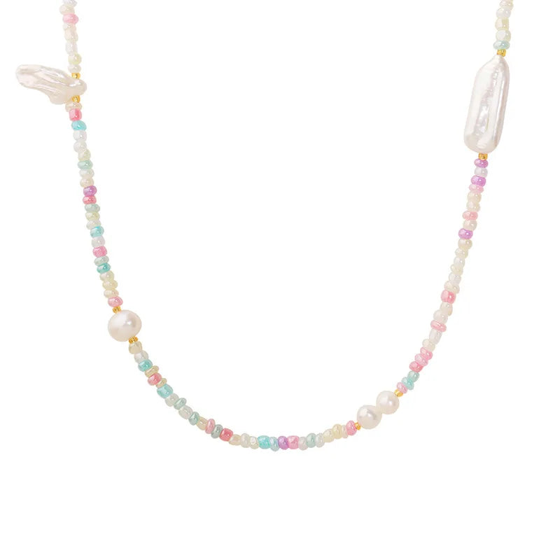 Sweet Cool Jewelry Wholesale Freshwater Pearl Color Glass Bead Collar Chain  Necklace for Girls Women Party Gift