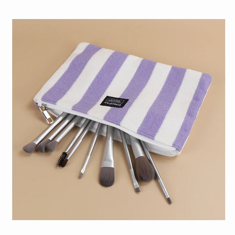 Striped Terry Towel Flat Pouch for Cosmetics Zipper Pouch Makeup Pencil Case With Custom Pattern for Cosmetics