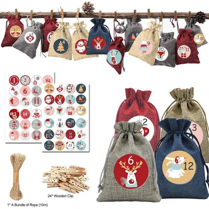 Wholesale Hot Sale Custom Decor Wall Hanging Tree Felt Christmas Linen Fabric Candy Bag Christmas Gift Bag Advent Calendar