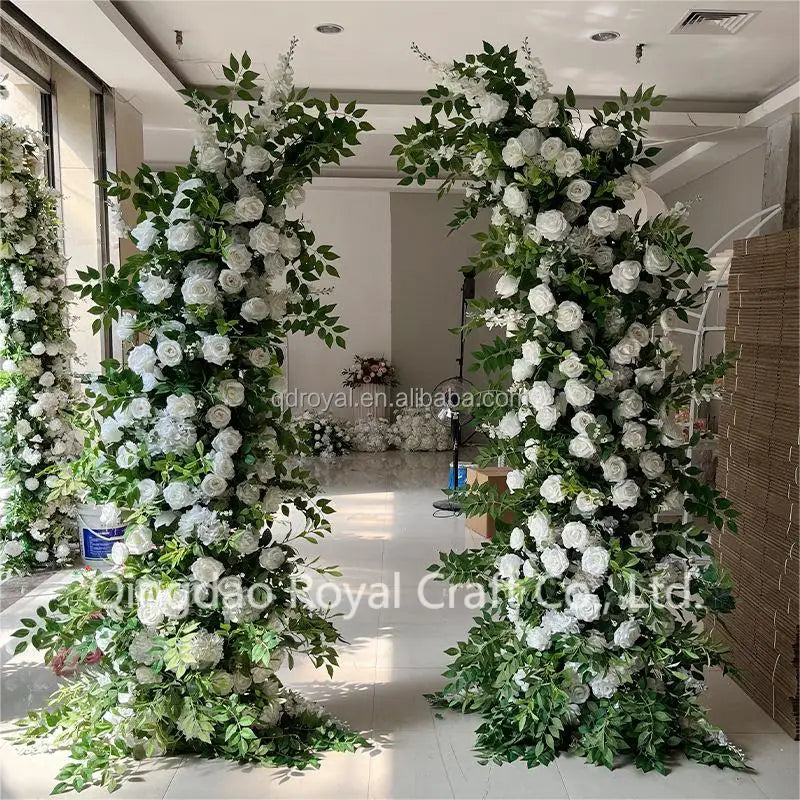 Artificial Greenery White Rose Floral Arches Arrangement Decor Moon Shape Horn Flowers Arch for Wedding Backdrop Flower Stand