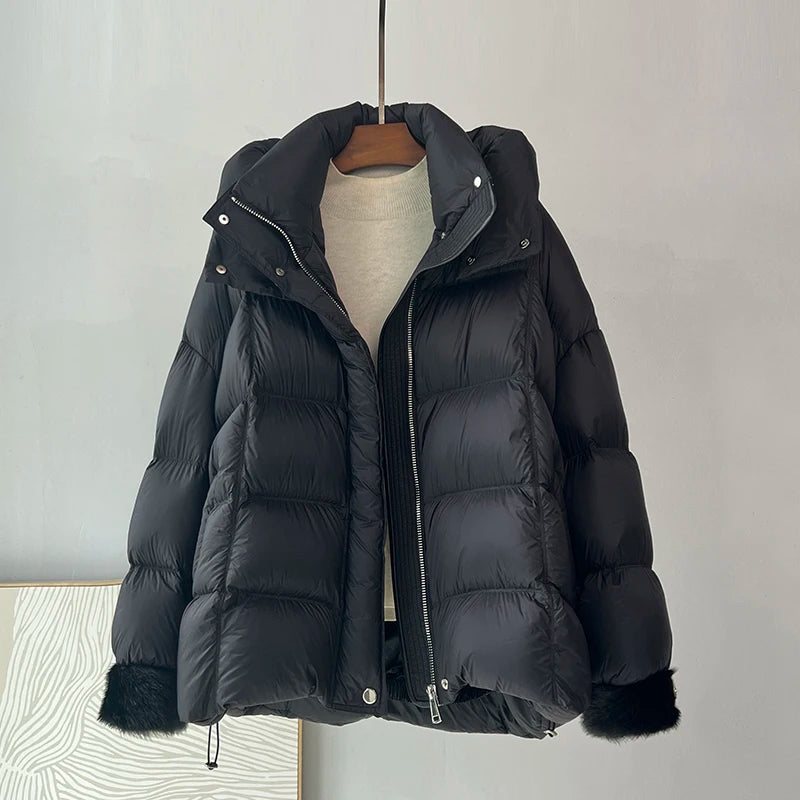 OFTBUY 2023 Women's Quilted Korean Style Short Jacket New Winter White Goose Filling Coat with Loose Fluffy Hood Dyed