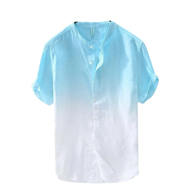 RNSHANGER Summer for Men Hawaiian Shirt Gradient Casual Stand Collar Short Sleeve Tops Loose Oversized Male Shirts