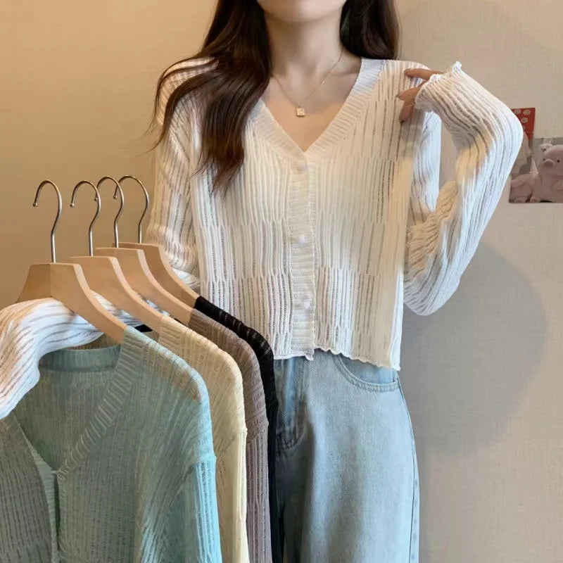 Korean Style Women's Short Cardigan Sweaters Long Sleeve V Neck Wooden Ear Edge Thin Knitted Jacket Sweater