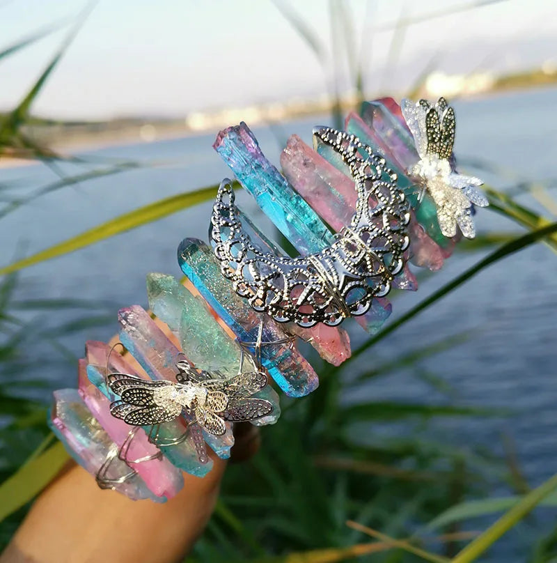 HZ Top quality plating color handmade comb custom dragonfly accessories moon blue pink crown bridal headband hair accessories crystal crafts