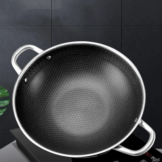 304 Stainless Steel Frying Pan 32cm Honeycomb Nonstick Wok With Double Ears Steel China Wok