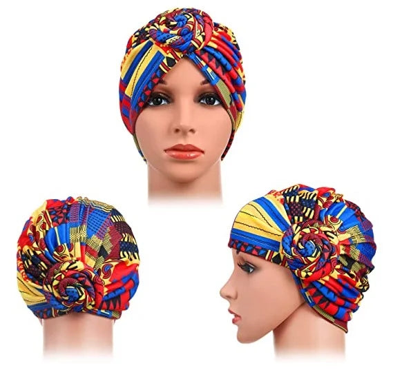 Women's African Ethnic Durag Turban Flower African Pattern Headwrap Sleep Beanie Pre-Tied Bonnet Elastic Knot Cap