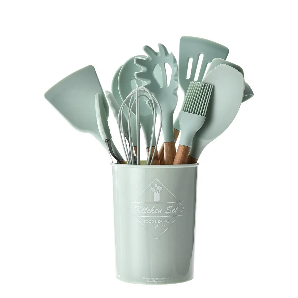 IN STOCK LOW MOQ 12 - Piece Wooden Kitchen Accessories Tools Food Kids Silicone Cooking Utensils Set