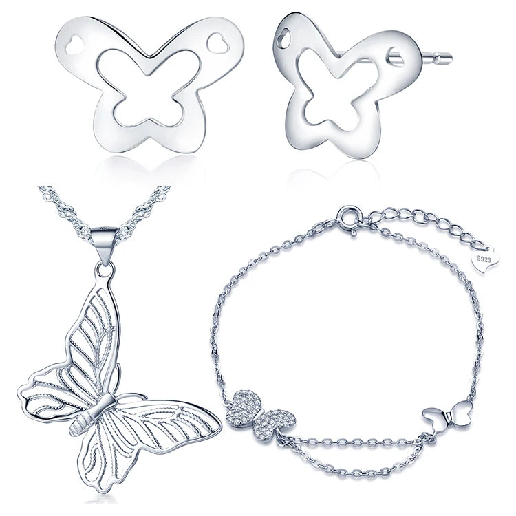 Butterfly Jewelry Sets 925 Silver Stud Earrings Bracelet Necklace Set