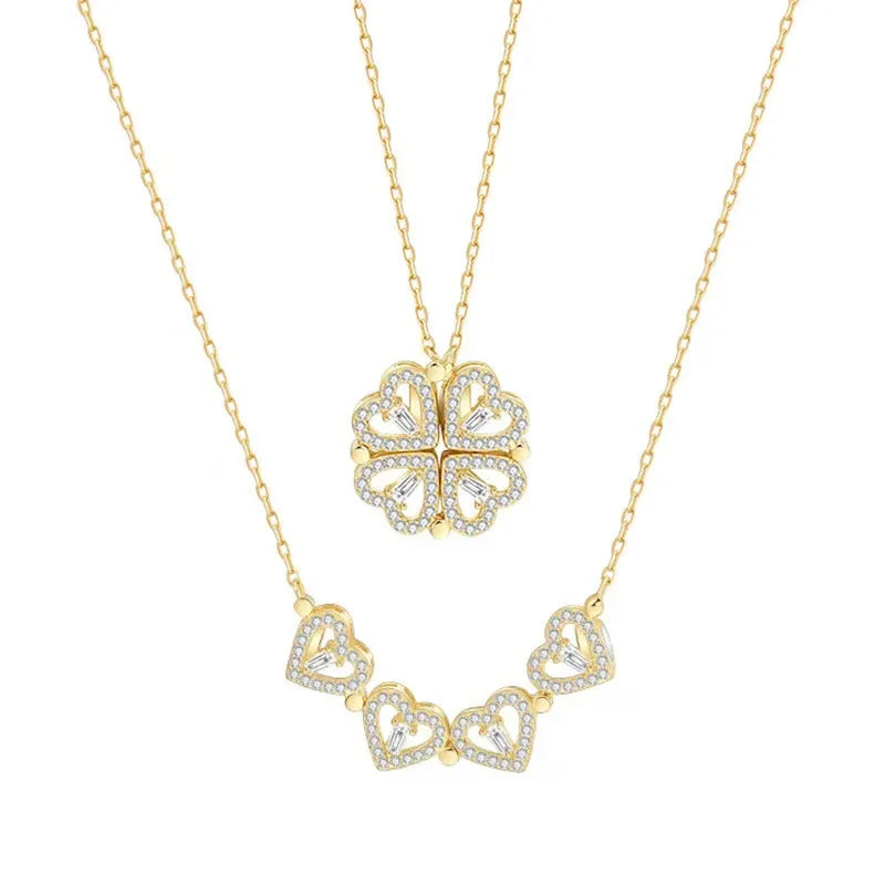 RisingMoon Luxury Shape Hollow Dainty love Jewelry Rhinestone Diamond Stainless Steel 18k Gold Plated Heart Pendant Necklace
