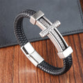 Vintage Popular Jewelry Stainless Steel Cross Bracelet Bangle Custom Logo Genuine Leather Braided Men's Black Leather Bracelet