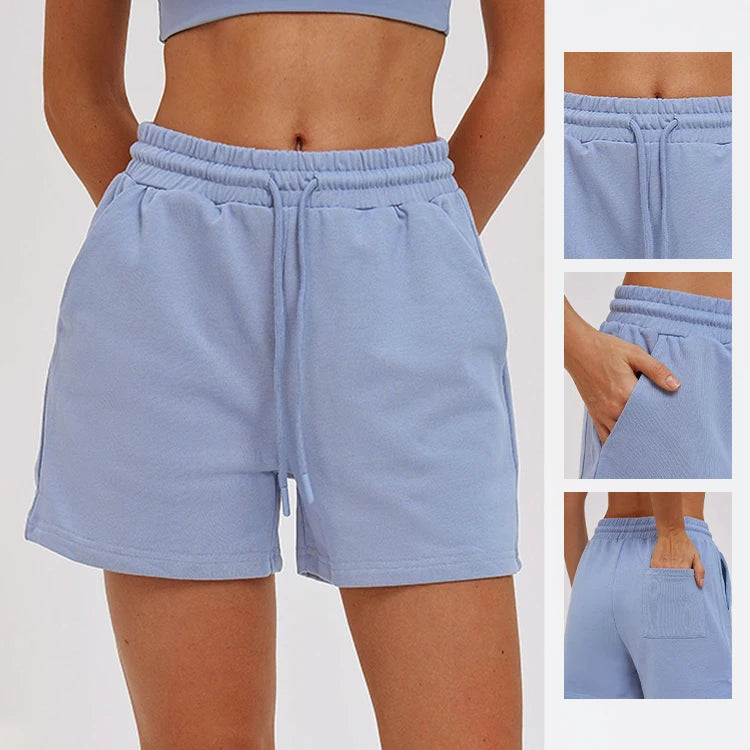 Yoga Sporty Short Drawstring Pants Outdoor Casual Pocket Straight-leg Shorts for Women Suitable for Running Cycling
