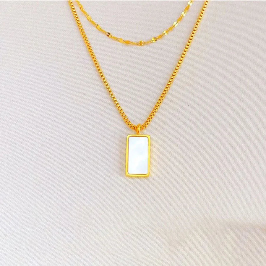 Trendy Gold Plated Titanium Stainless Steel Triple Layers Paperclip Link Chain Square Shell Pendant Necklace for Women Girls