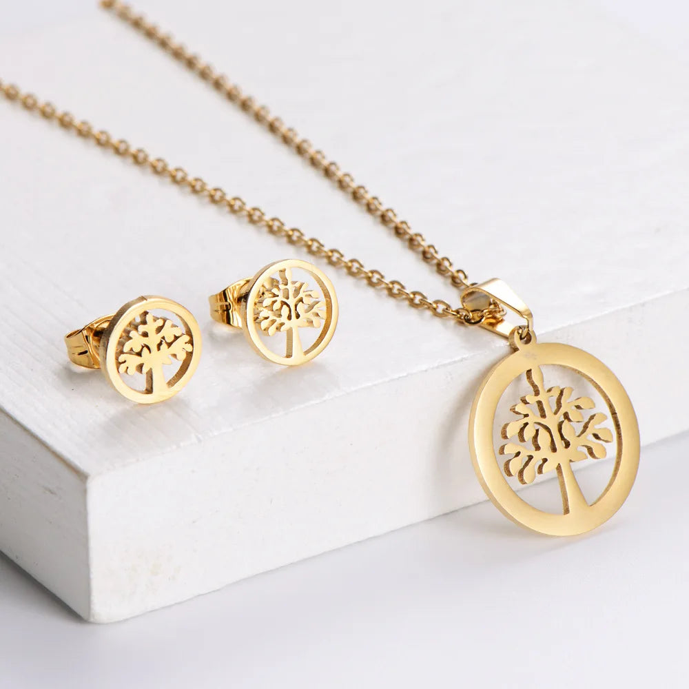 DAICY Women 18k Gold Plated Dubai Tree of Life Necklace Earrings Stainless Steel Jewelry Set