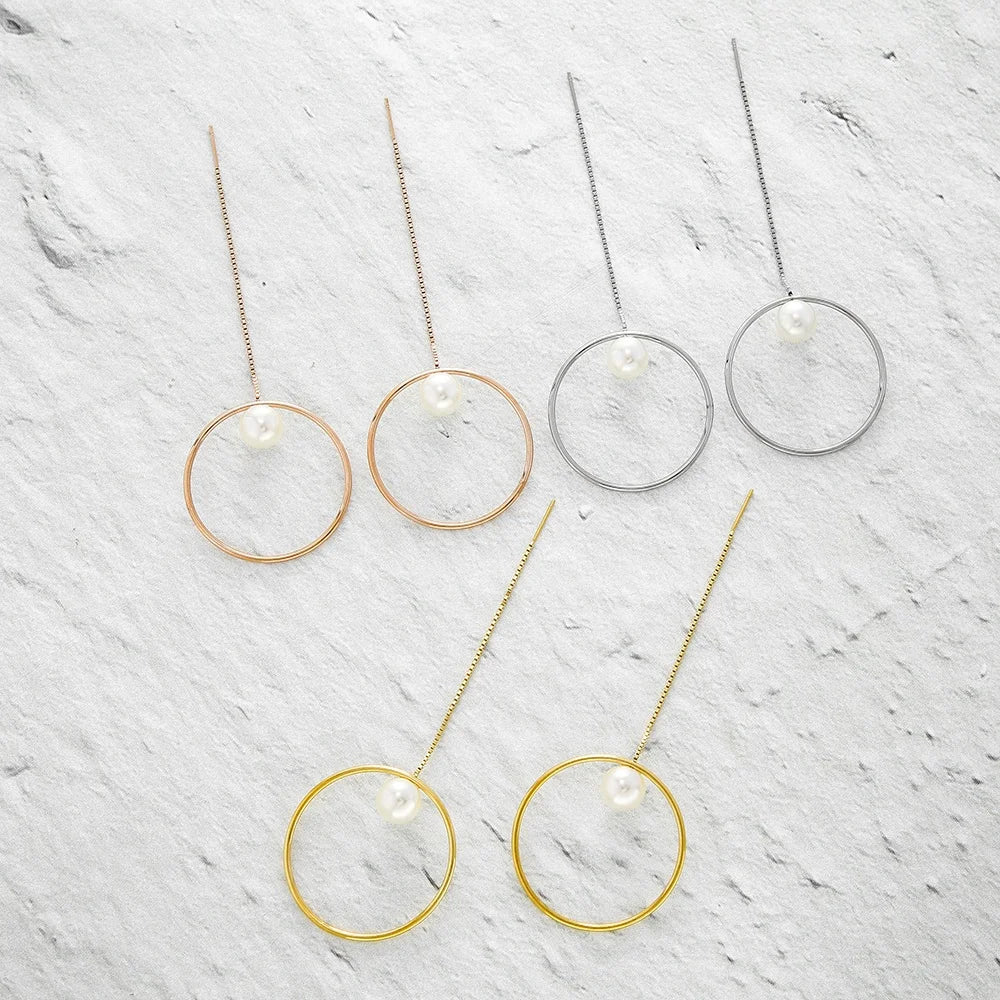 Grace Fashion Dangle Earrings Stainless Steel with Long Chain Waterproof and Hypoallergenic Belle Pearl Circle Design