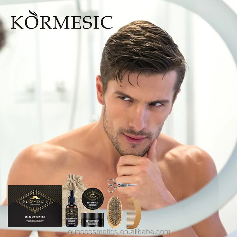 KORMESIC Private Label Custom Mens Beard Grooming Care Beard Oil Brush and Comb Gift Set