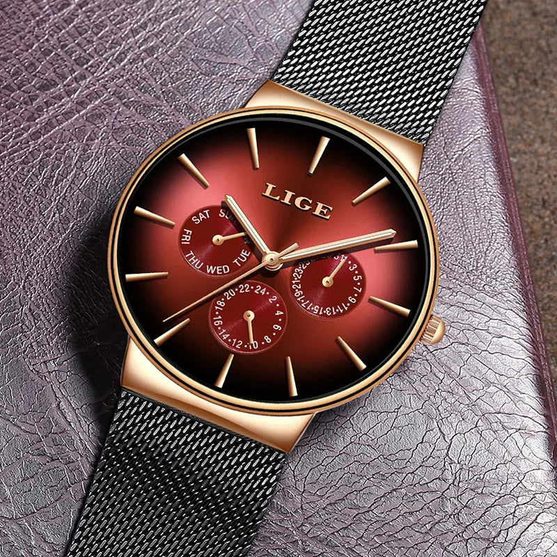 LIGE LG9936 Factory Sample Quartz Watch for Men Red Big Dial Ultrathin Luminous Small Three Needle Mesh Stainless Steel Band