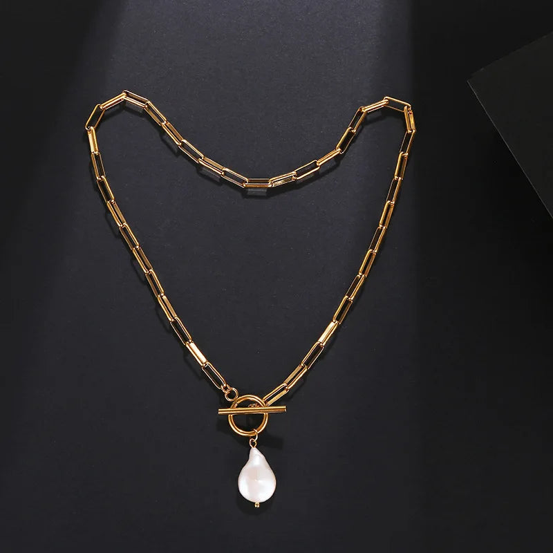 Temperament Female Paper Clip Chain Necklace Special Shaped Baroque Freshwater Pearl Stone Stainless Steel Necklaces Women