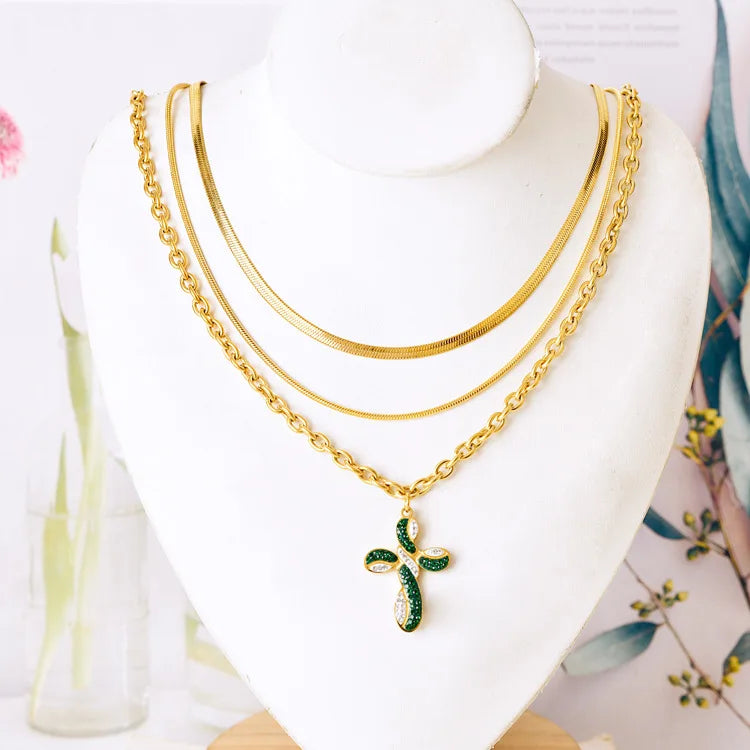 New Arrival Stainless Steel Zircon Cross Pendant Necklace Tarnish Free Multi Layer Gold Necklace Jewelry for Women