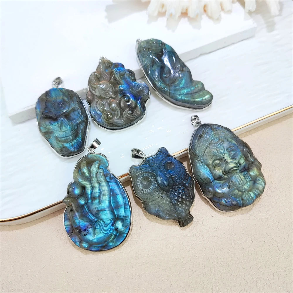 Engraved Natural Healing Crystal Blue Flash Labradorite Buddha Carve Quartz Gemstone Ganesha Skull Mermaid Pendant Owl Jewelry