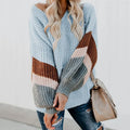 New Sweater Women V-Neck Lantern Sleeve Striped Sweater