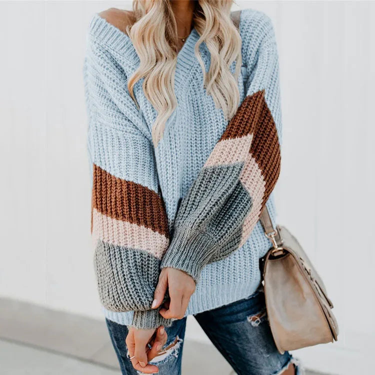New Sweater Women V-Neck Lantern Sleeve Striped Sweater